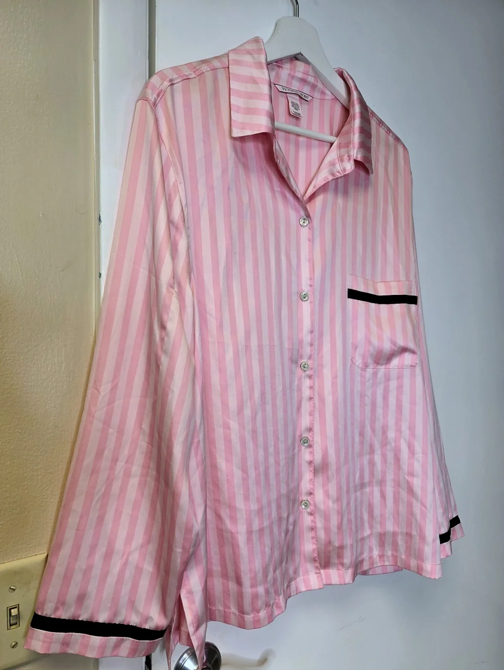 Victoria’s Secret Pink Stripe Satin Pajama Top - XL - Satin Gloss Button Down